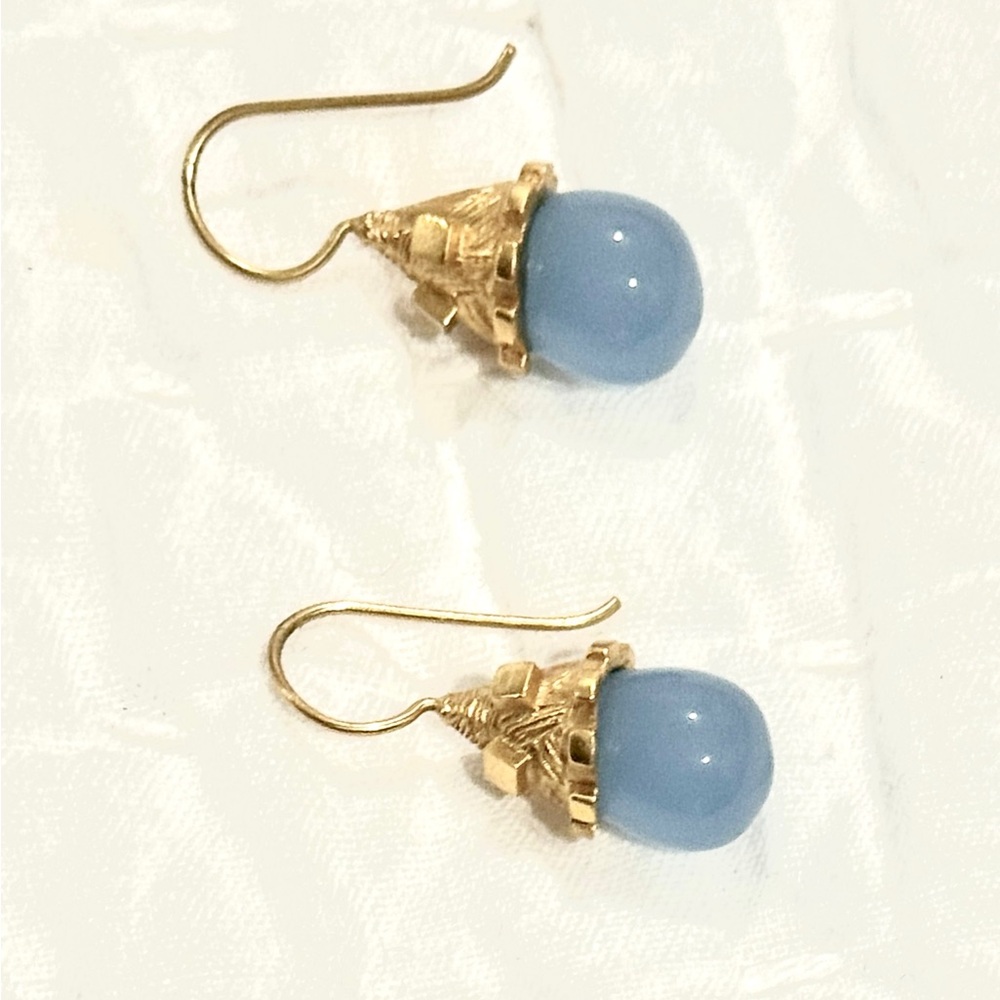 Julie Vos Elegant Gold Drop Earrings with Blue Chalcedony drop gemstone
